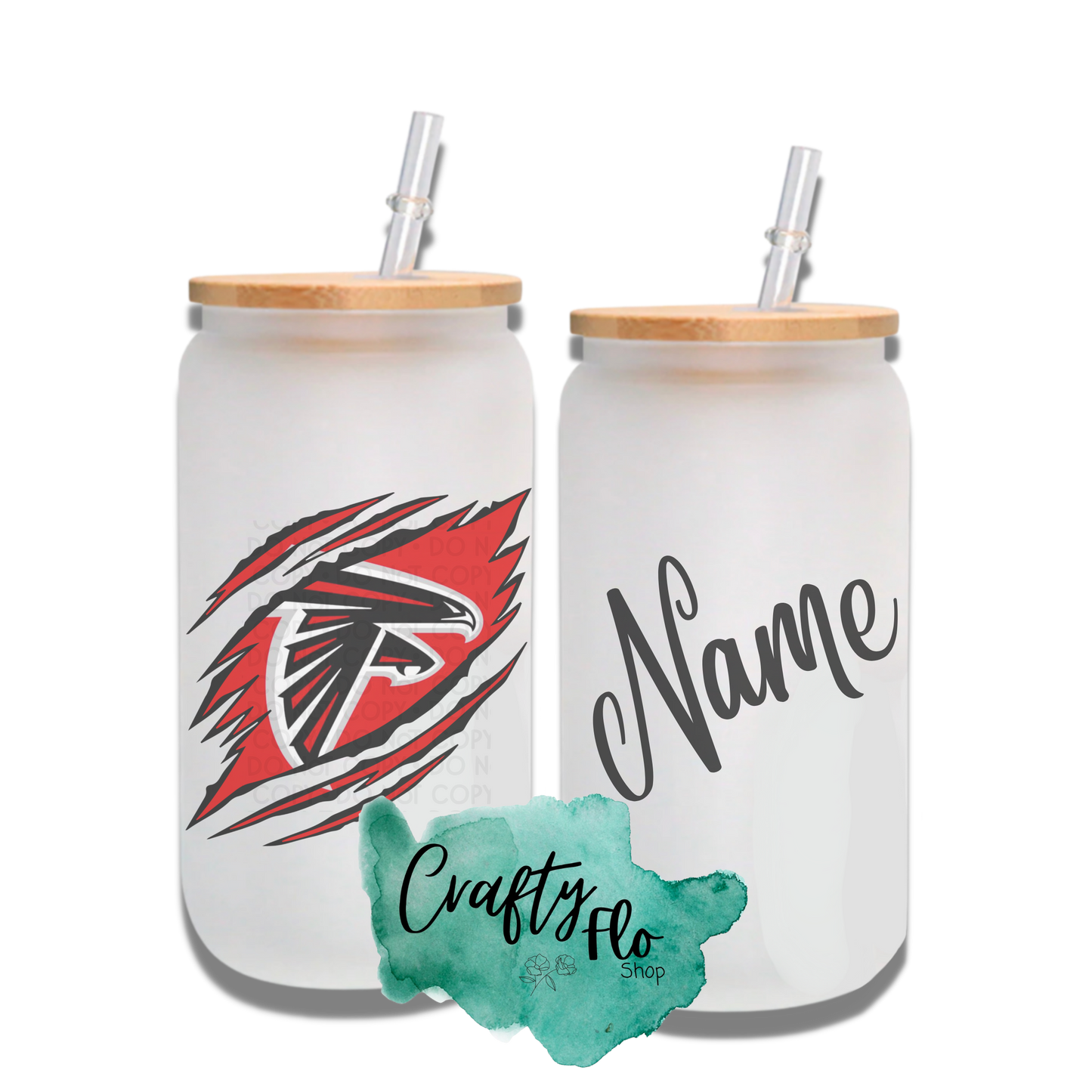 Personalizable Falcons Inspired Inspired Theme 16oz glass can with straw/ Add name at checkout