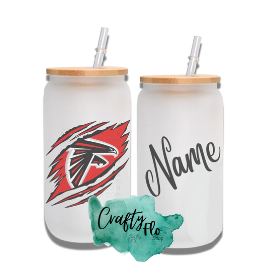 Personalizable Falcons Inspired Inspired Theme 16oz glass can with straw/ Add name at checkout