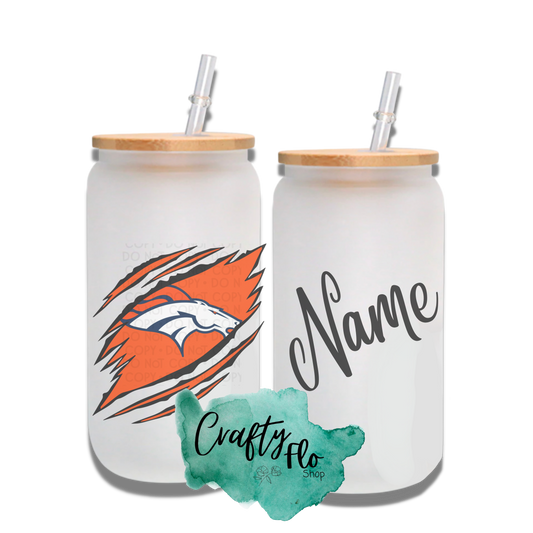 Personalizable Broncos Inspired Inspired Theme 16oz glass can with straw/ Add name at checkout