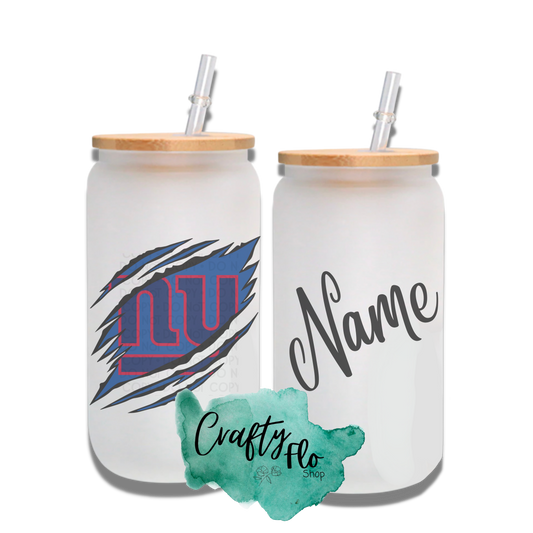 Personalizable Giants Inspired Theme 16oz glass can with straw/ Add name at checkout