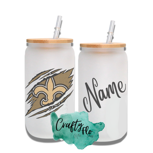 Personalizable Saints Inspired Inspired Theme 16oz glass can with straw/ Add name at checkout