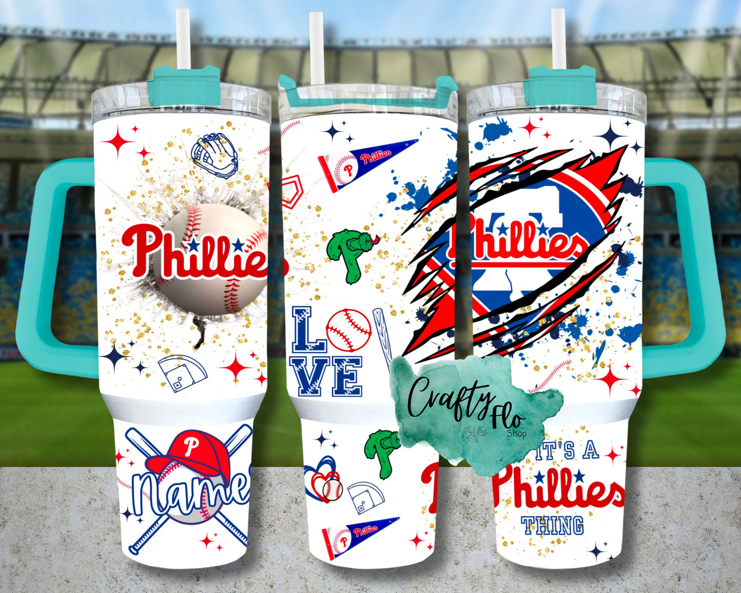 Personalizable Philly baseball INSPIRED 40 oz quencher tumbler with lid and plastic straw