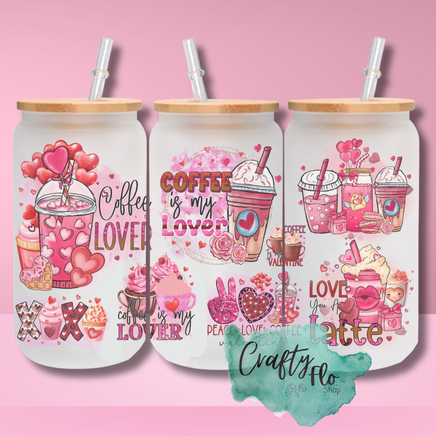 Valentines Cartoon 16oz glass can with bamboo lid and straw| friendship love cup| valentines day gift idea