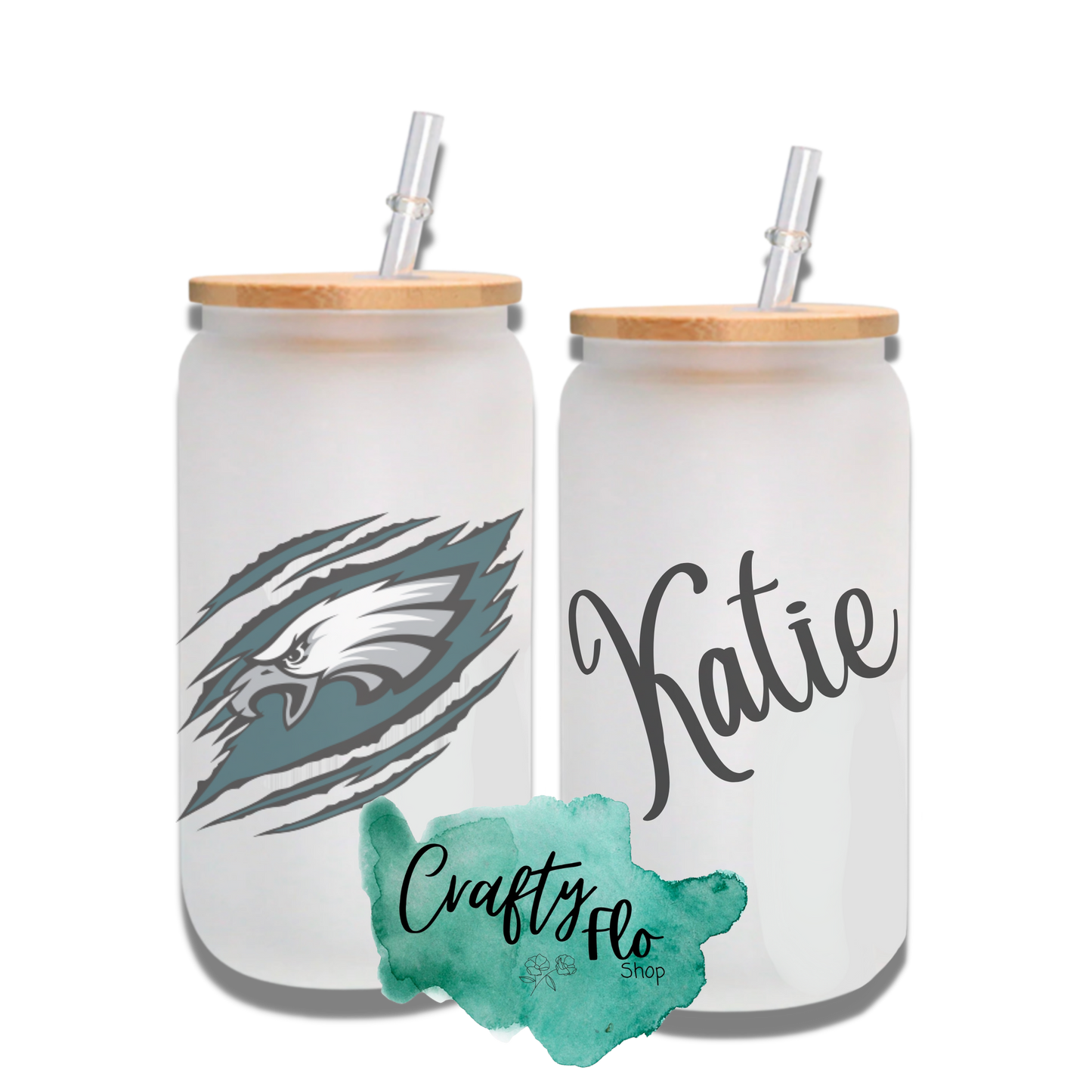 Personalizable Philadelphia Eagles Inspired Theme 16oz glass can with straw/ Add name at checkout
