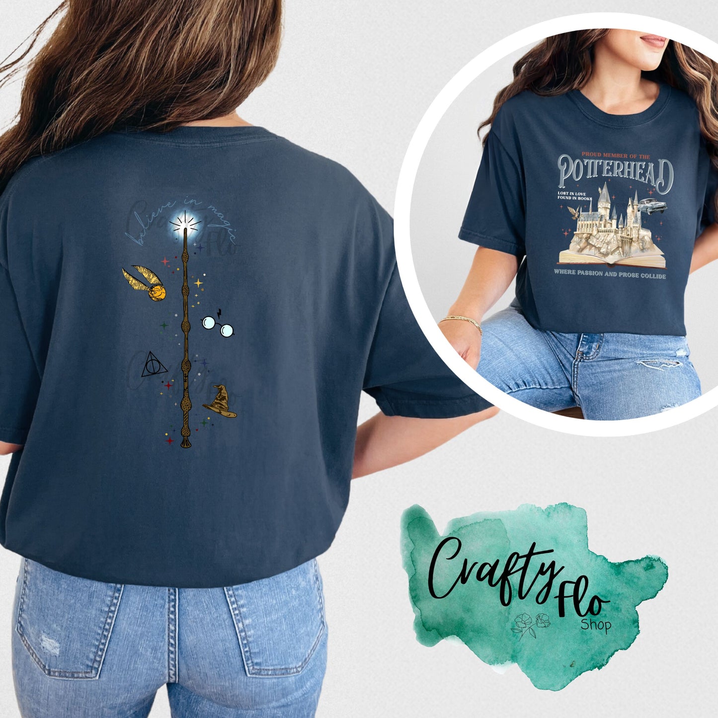 Potterhead inspired Comfort Colors T-shirt with front and back designs Casual Fabric