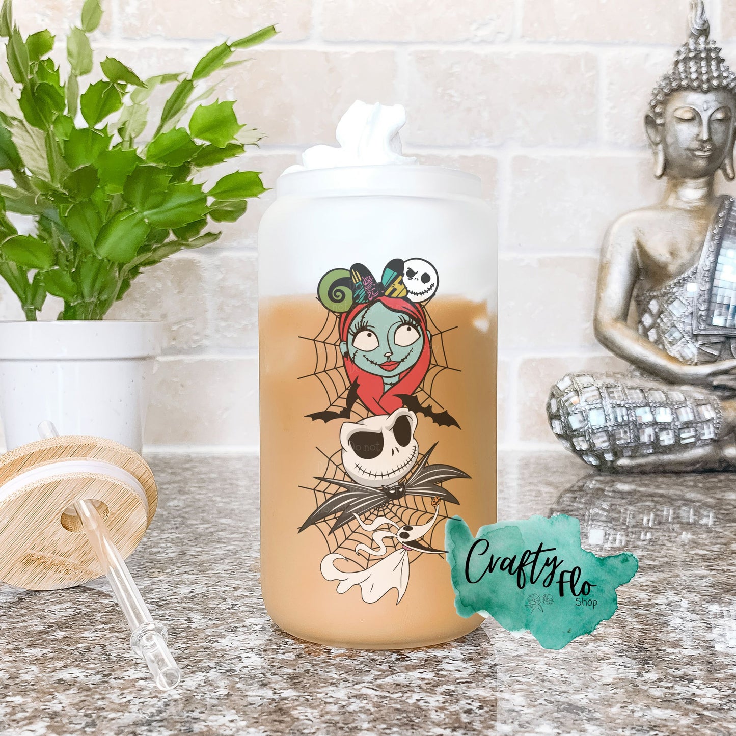 Nightmare before Christmas inspired Mama| 16oz clear or frosted glass can with bamboo lid and straw Cup Drinkware