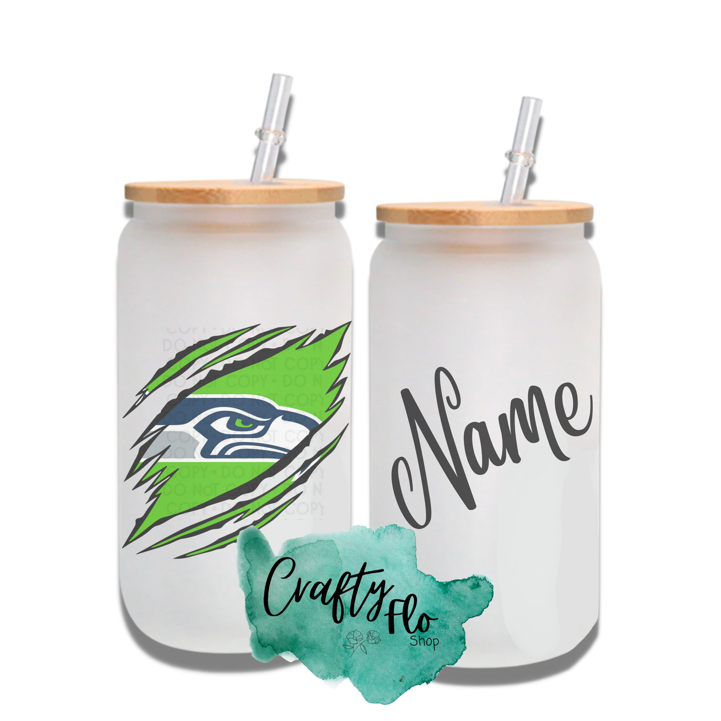 Personalizable Seahawks Inspired Theme 16oz glass can with straw/ Add name at checkout