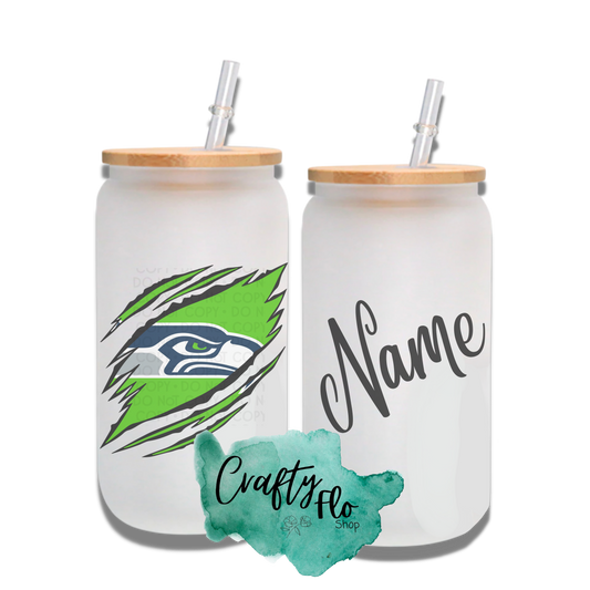 Personalizable Seahawks Inspired Theme 16oz glass can with straw/ Add name at checkout