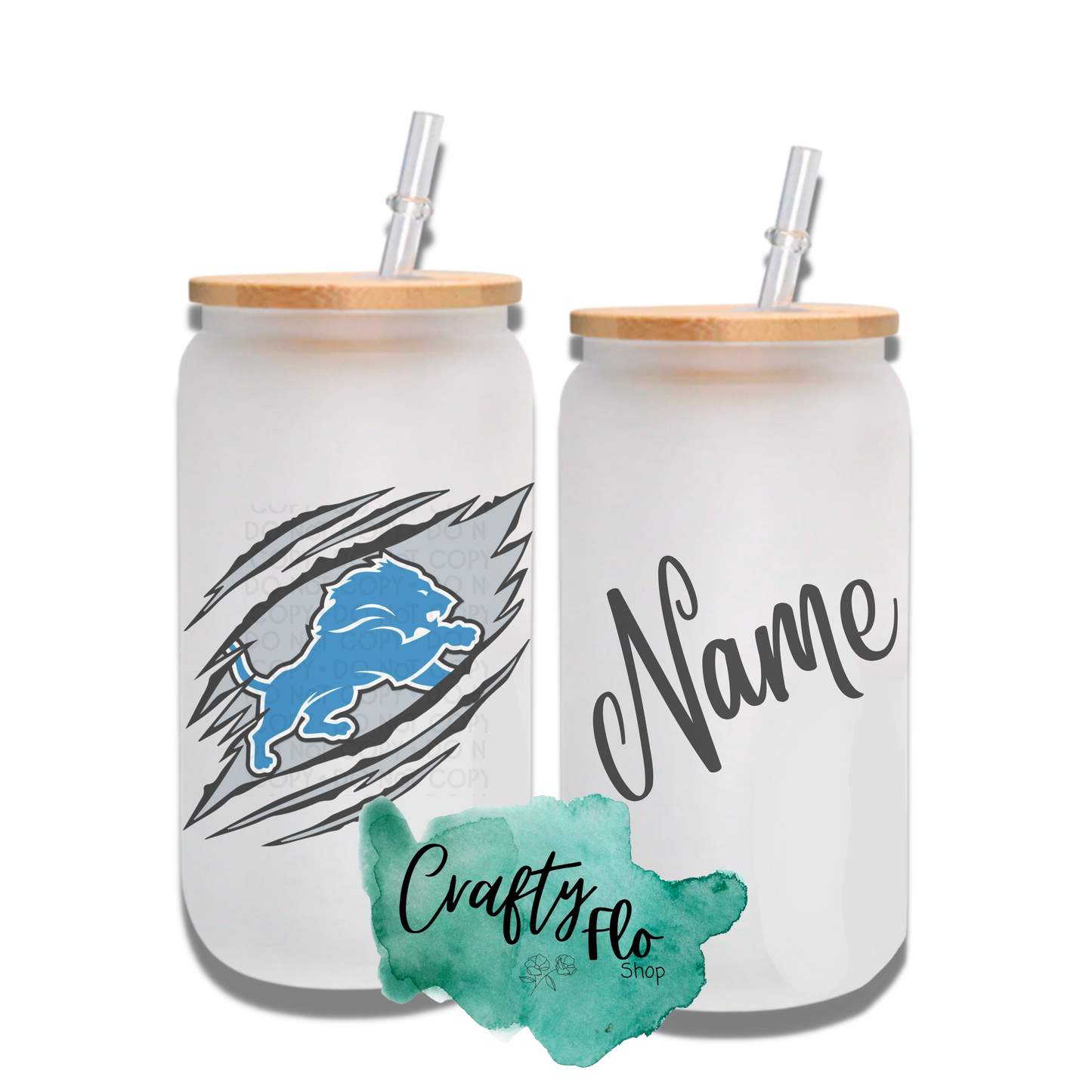 Personalizable Detroit Lions Inspired Theme 16oz glass can with straw/ Add name at checkout