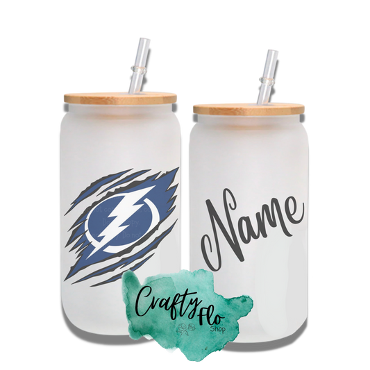 Personalizable Tampa Bay lightning Inspired Inspired Theme 16oz glass can with straw/ Add name at checkout