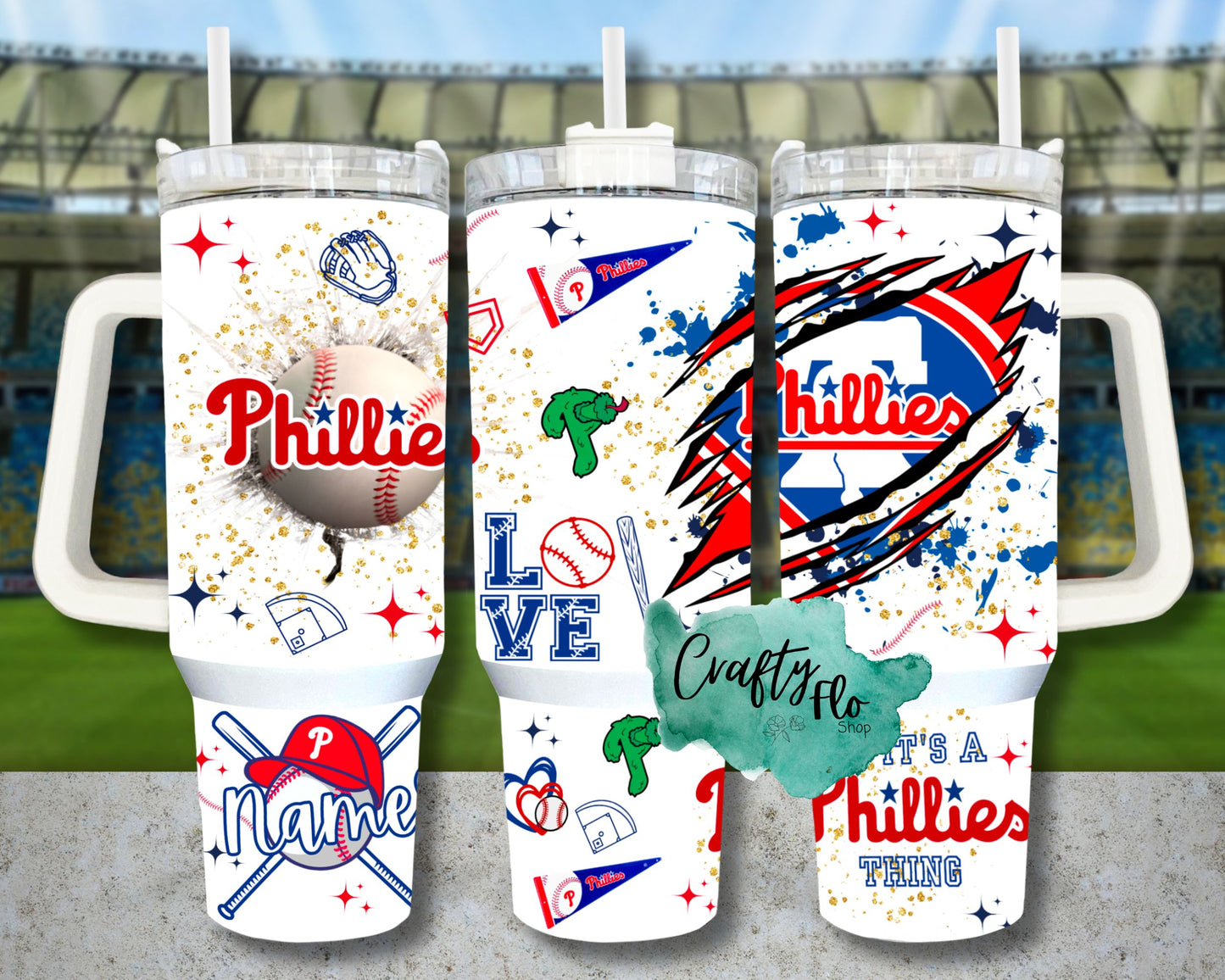 Personalizable Philly baseball INSPIRED 40 oz quencher tumbler with lid and plastic straw