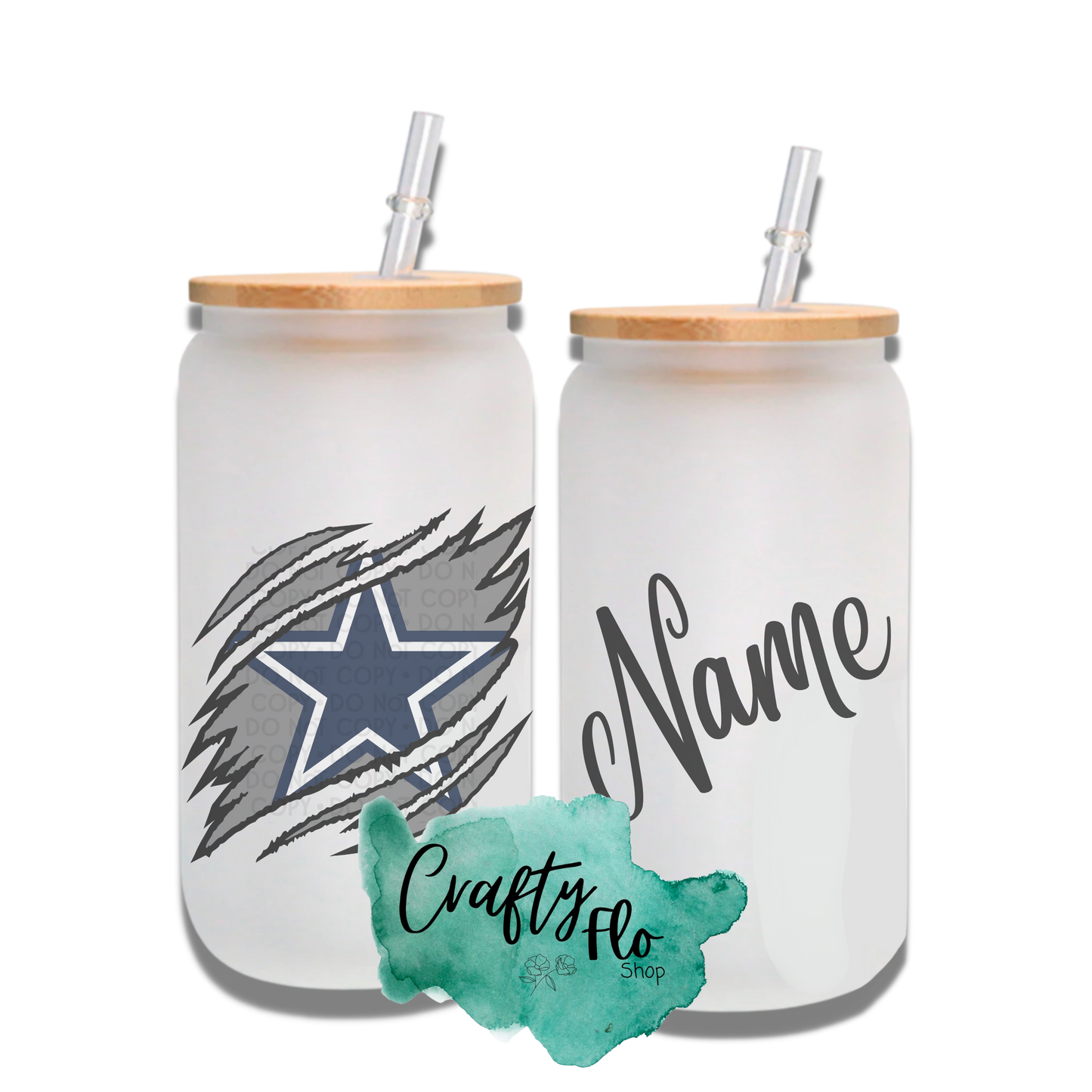 Personalizable Cowboys Inspired Theme 16oz glass can with straw/ Add name at checkout