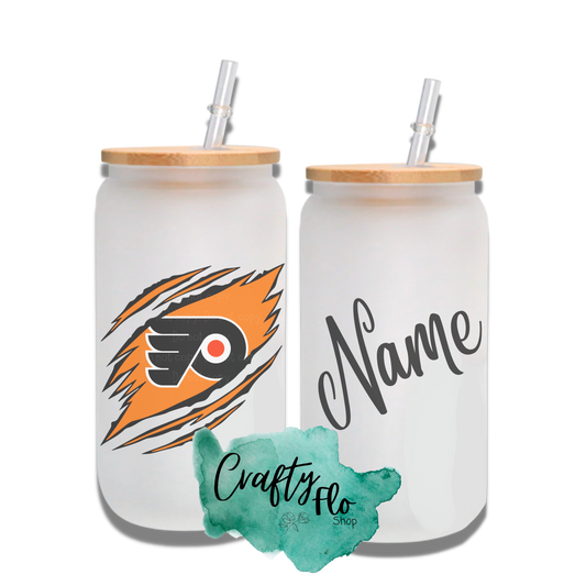 Personalizable Philadelphia Flyers Inspired Inspired Theme 16oz glass can with straw/ Add name at checkout