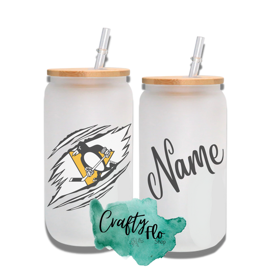 Personalizable Pittsburgh Penguins Inspired Theme 16oz glass can with straw/ Add name at checkout