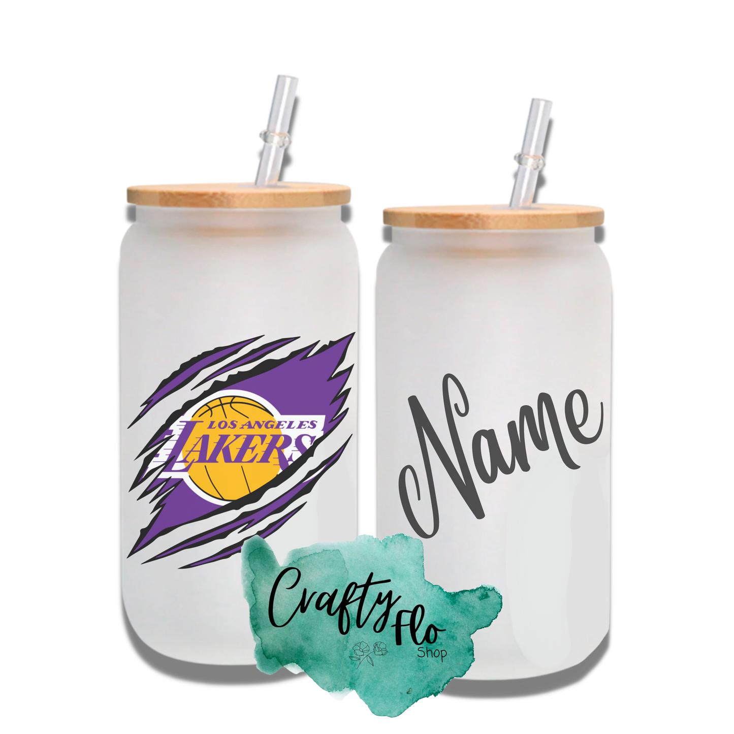 Personalizable Lakers Inspired Inspired Theme 16oz glass can with straw/ Add name at checkout