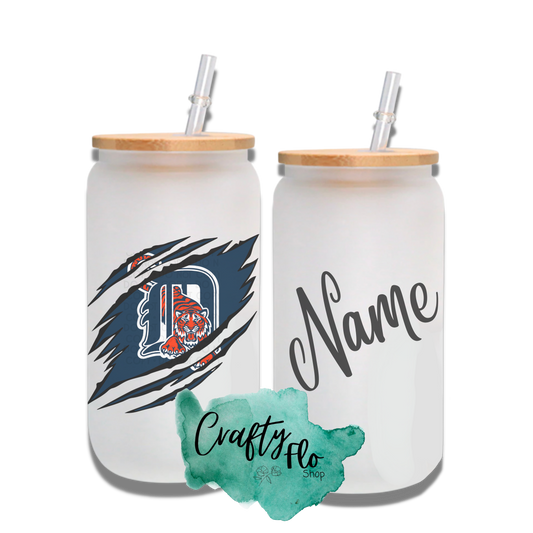 Personalizable Detroit tigers Inspired Theme 16oz glass can with straw/ Add name at checkout