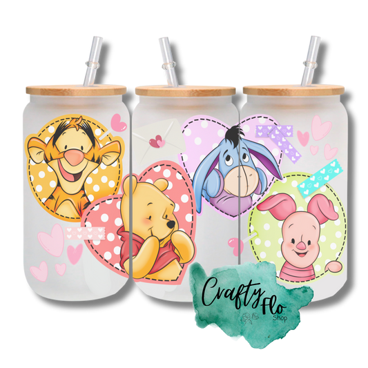 Valentines Cartoon 16oz glass can with bamboo lid and straw| friendship love cup| valentines day gift idea