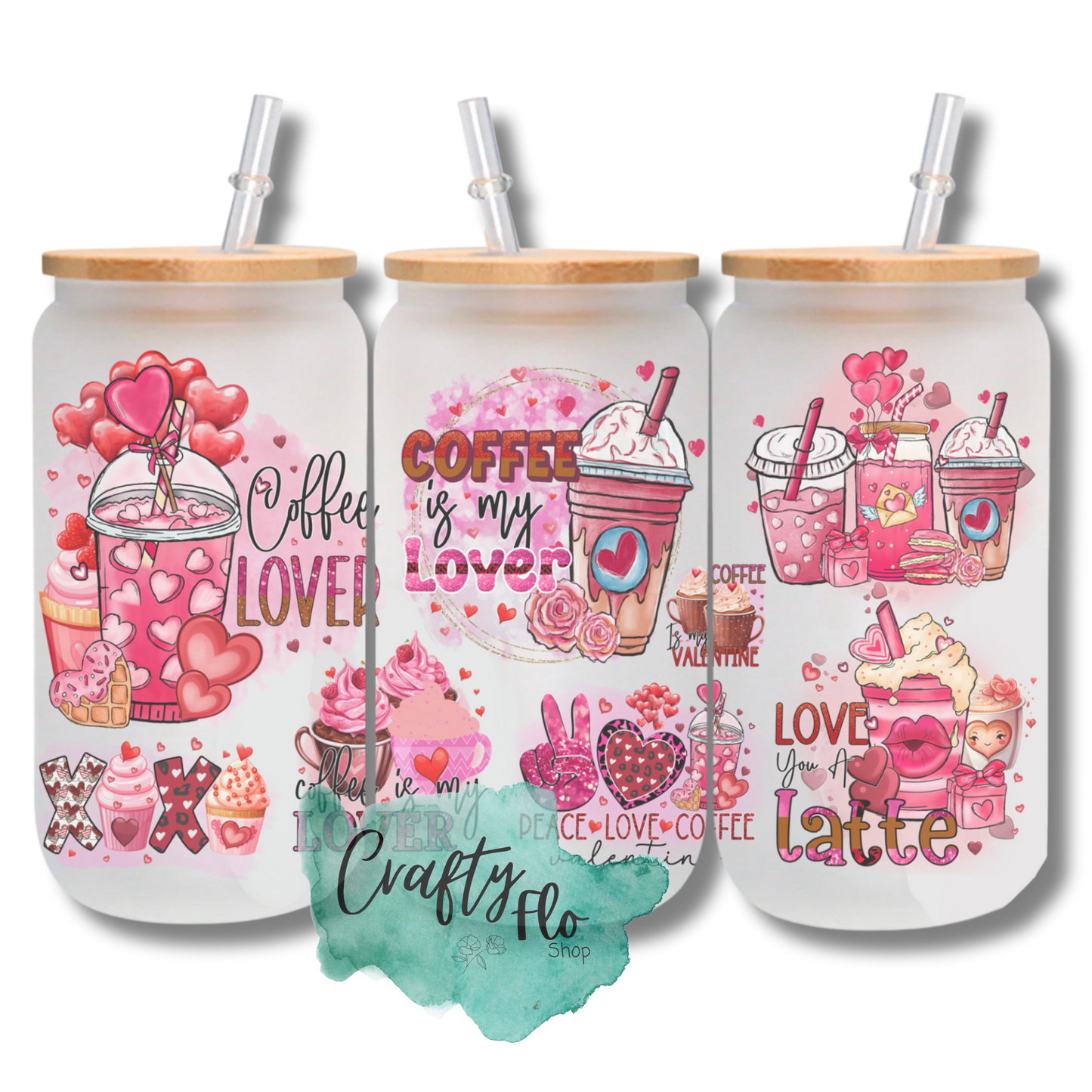 Valentines Cartoon 16oz glass can with bamboo lid and straw| friendship love cup| valentines day gift idea