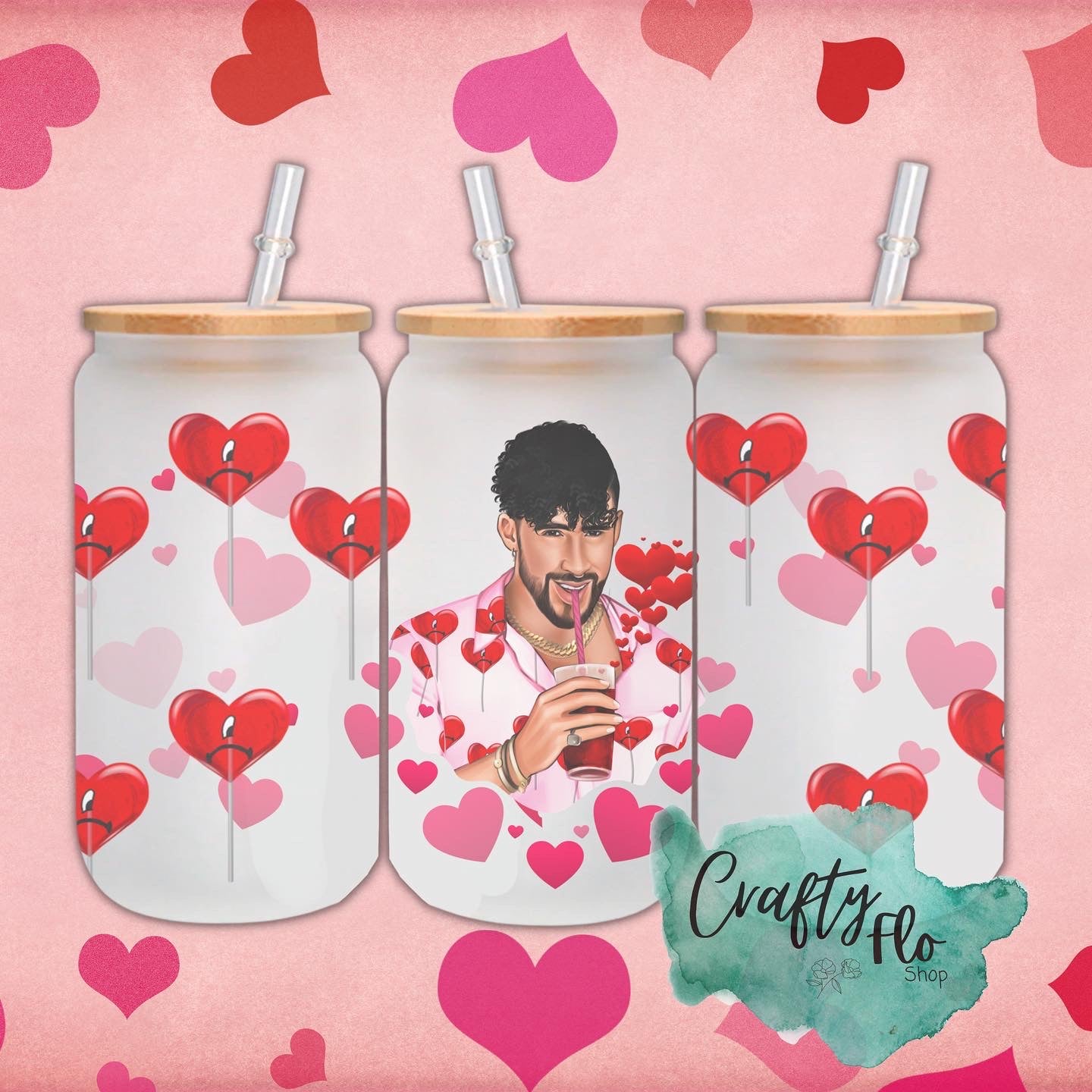 BadBunny valentines Inspired 16 oz glass can Tumbler with Straw, Durable Design, bamboo Lid, Fun and Functional Beverage Drinkware