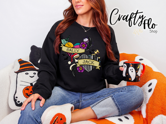 Jack & Sally hearts Graphic Sweatshirt - Halloween apparel | Unisex Fabric, Comfortable Fit, Spooky Season - Pullover