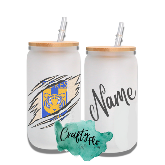 Personalizable Tigres Inspired Inspired Theme 16oz glass can with straw/ Add name at checkout