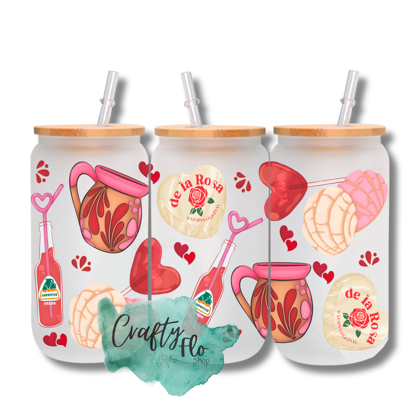 Valentines Cartoon 16oz glass can with bamboo lid and straw| friendship love cup| valentines day gift idea