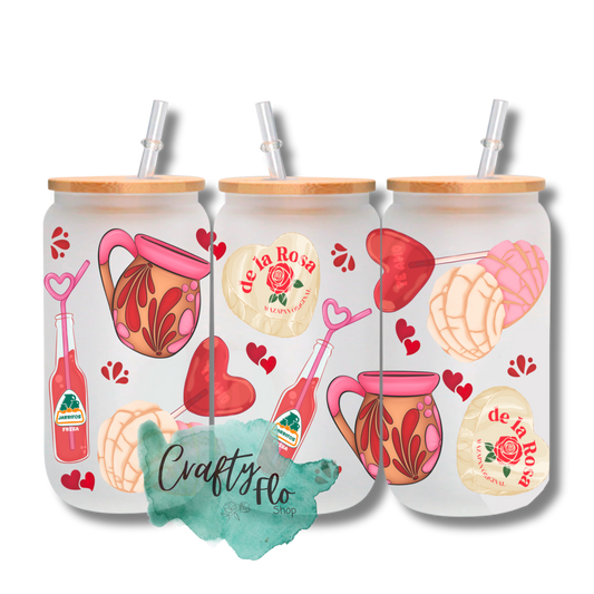 Valentines Cartoon 16oz glass can with bamboo lid and straw| friendship love cup| valentines day gift idea