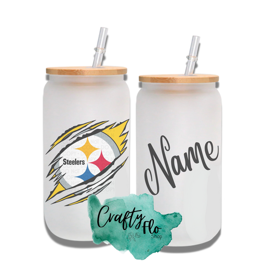 Personalizable Steelers Inspired Theme 16oz glass can with straw/ Add name at checkout