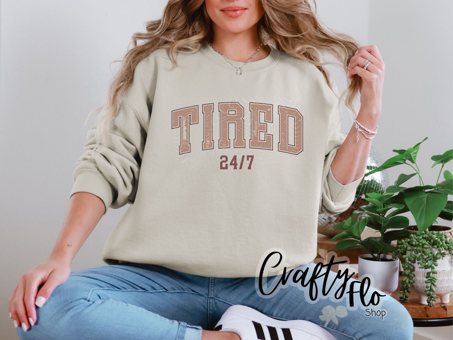 Tired 24 7 T-shirt For Women, Funny Exhausted Mom Sweatshirt, College Style Lazy Day Hoodie, Oversized Tired Long Sleeve Gift For Her