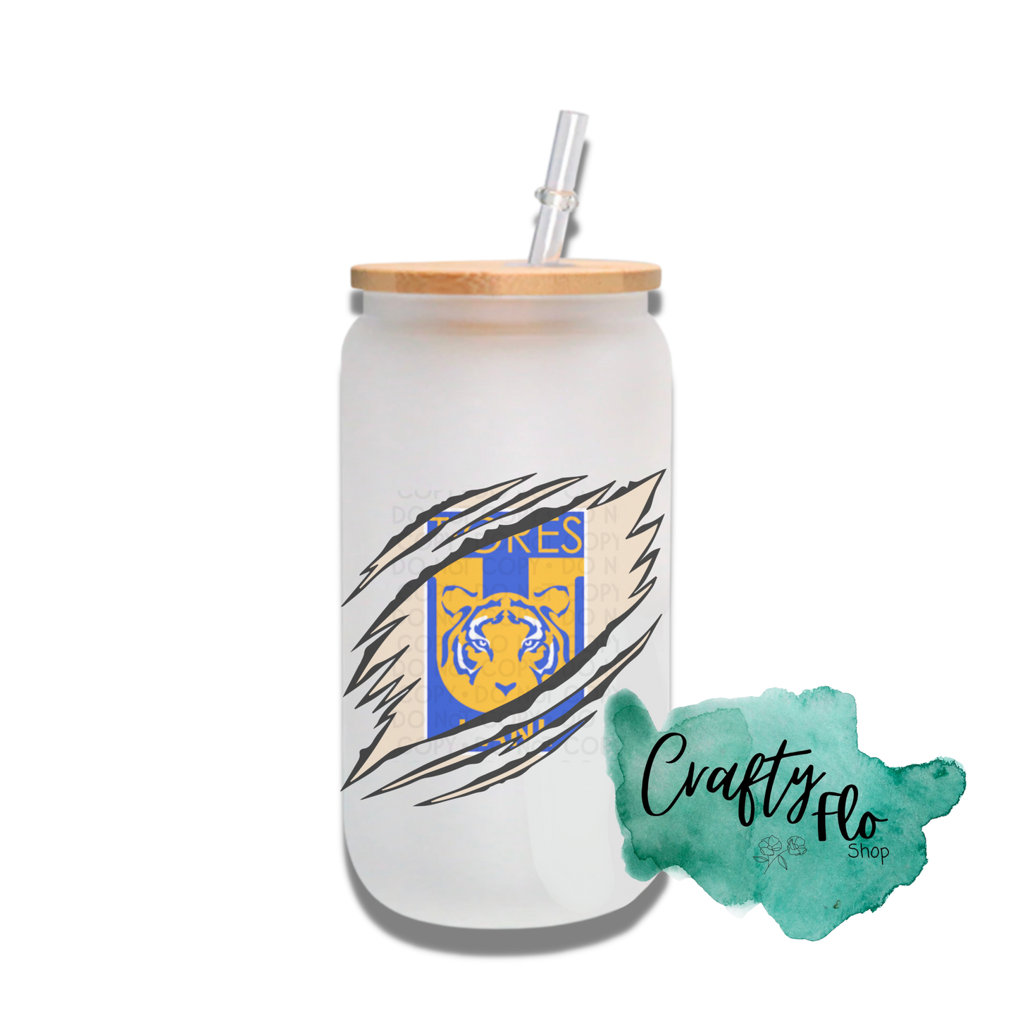 Personalizable Tigres Inspired Inspired Theme 16oz glass can with straw/ Add name at checkout