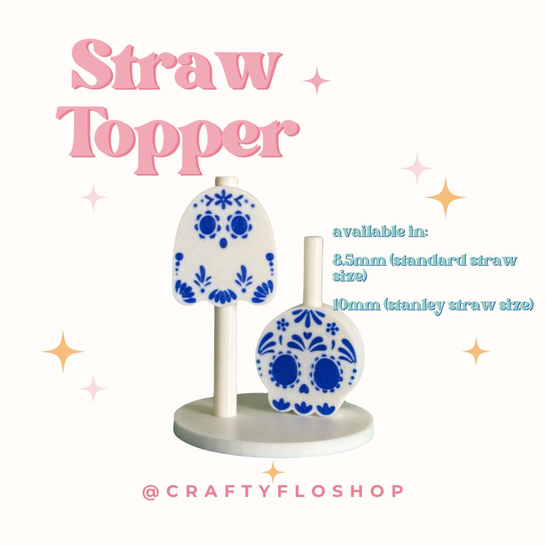 Talavera sugar skull and ghost inspired Straw Topper| dia de los muertos Inspired 3D Printed Straw Toppers Drinkware Accessories Stylish