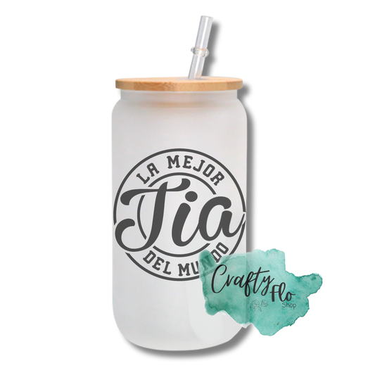 Personalizable Mejor Tio, Mejor Tia | 16oz frosted or clear glass can with bamboo lid and straw/ add name at checkout