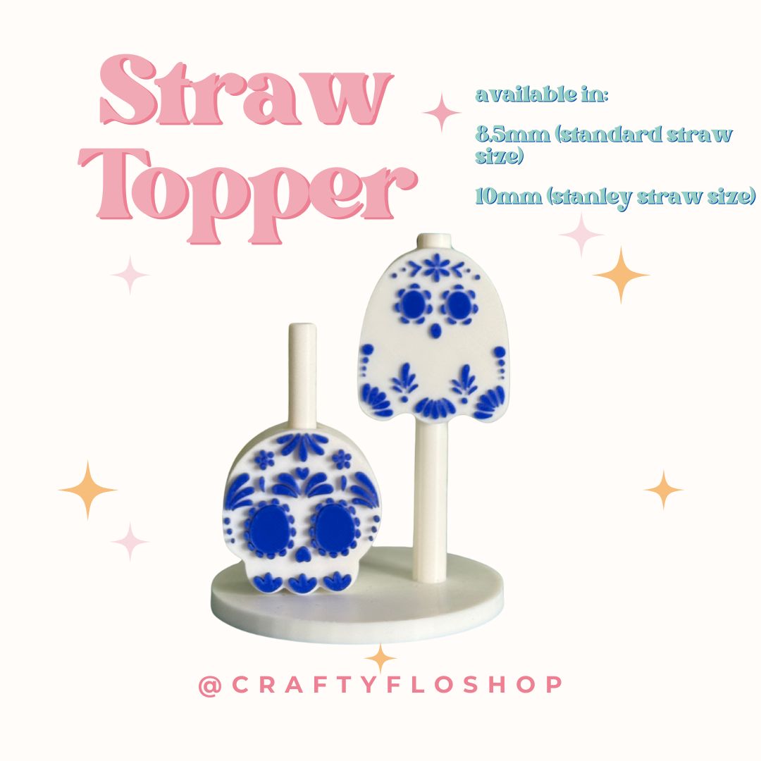 Talavera sugar skull and ghost inspired Straw Topper| dia de los muertos Inspired 3D Printed Straw Toppers Drinkware Accessories Stylish
