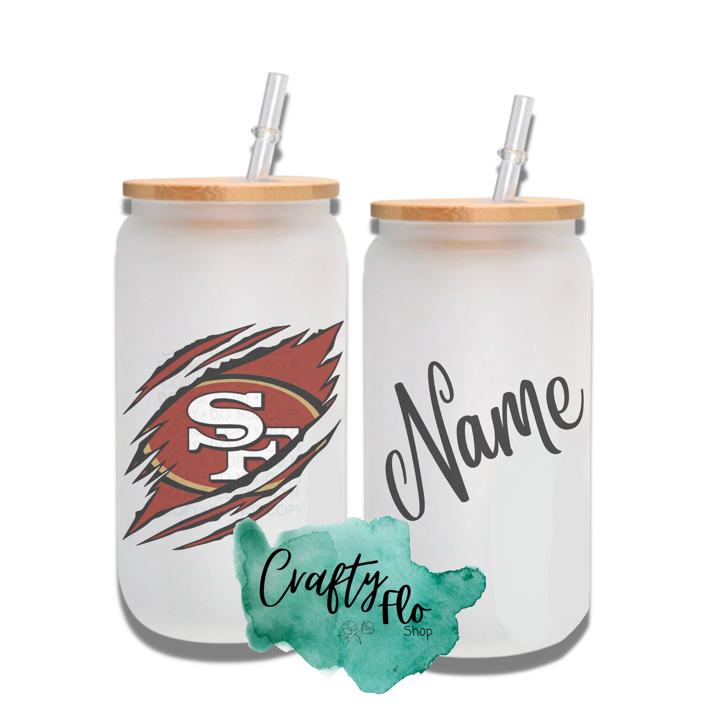 Personalizable San Fransisco 49ers Inspired Theme 16oz glass can with straw/ Add name at checkout