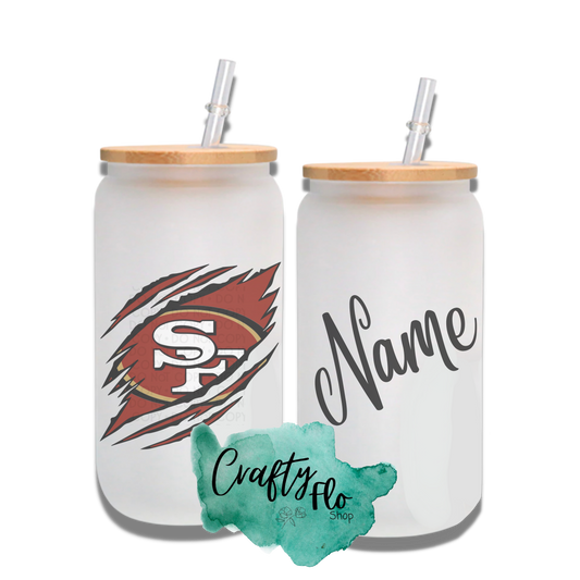 Personalizable San Fransisco 49ers Inspired Theme 16oz glass can with straw/ Add name at checkout