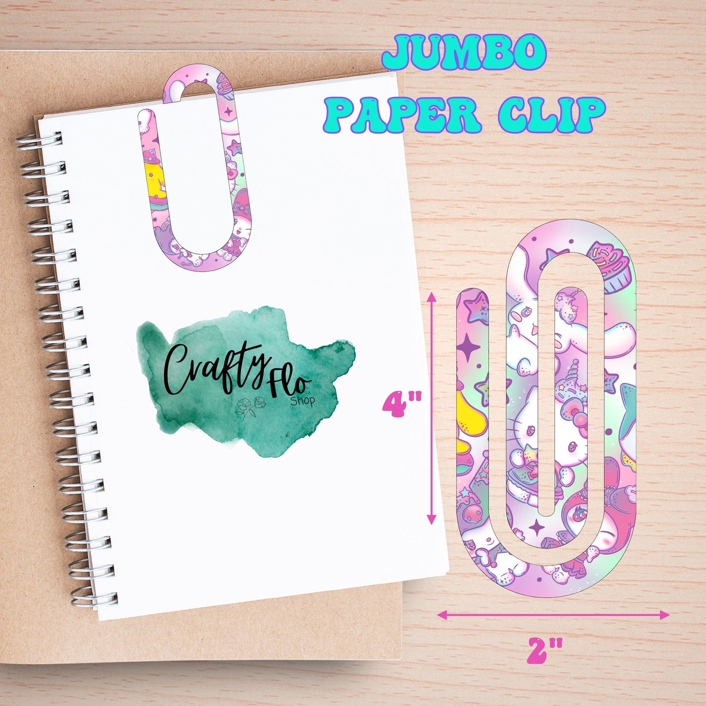 Dessert Kitty inspired Jumbo Paper Clip - 3mm Acrylic, 3mm Thick, Printed Patterns May Vary, Durable Design