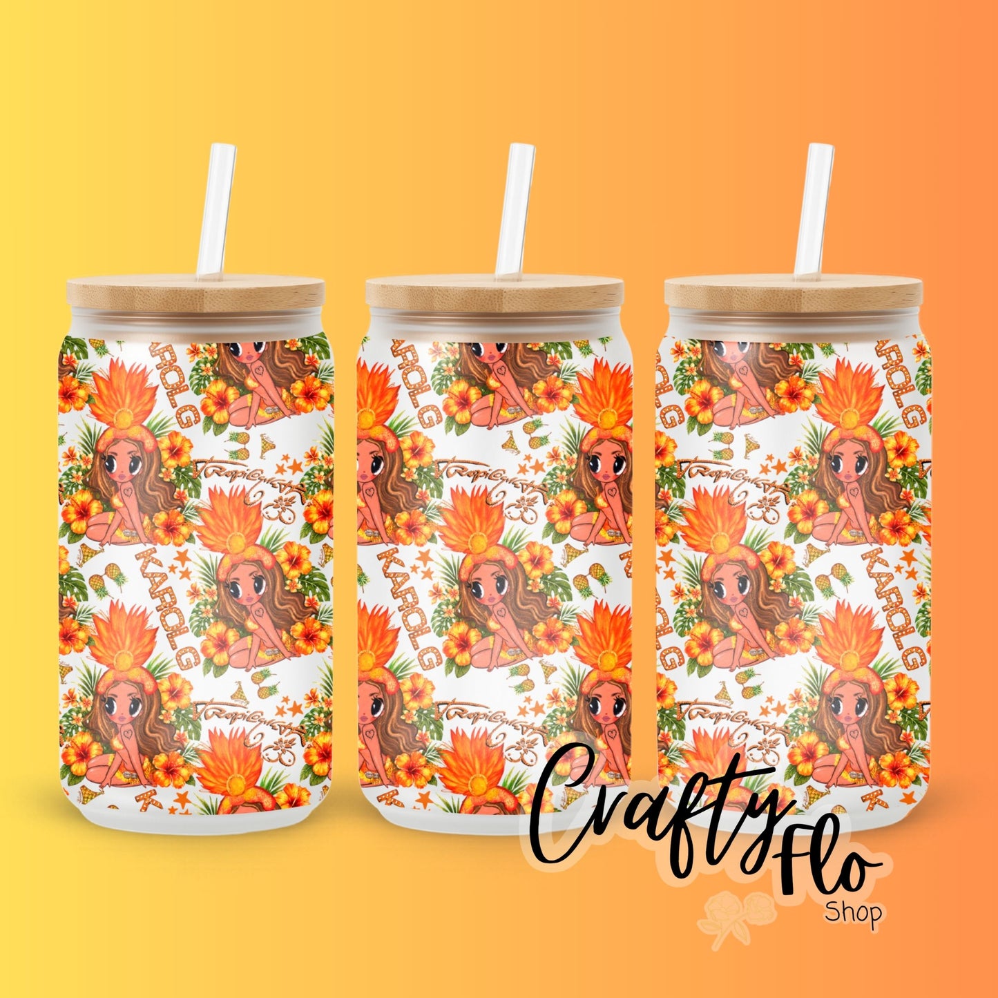 Karol G inspired oz glass can Tumbler with Straw, Durable Design, bamboo Lid, Fun and Functional Beverage Drinkware