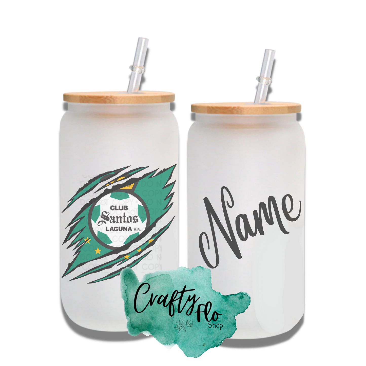 Personalizable Santos Inspired Inspired Theme 16oz glass can with straw/ Add name at checkout