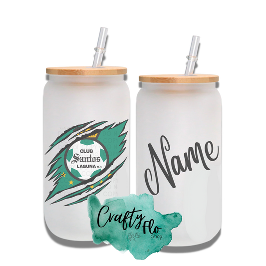 Personalizable Santos Inspired Inspired Theme 16oz glass can with straw/ Add name at checkout