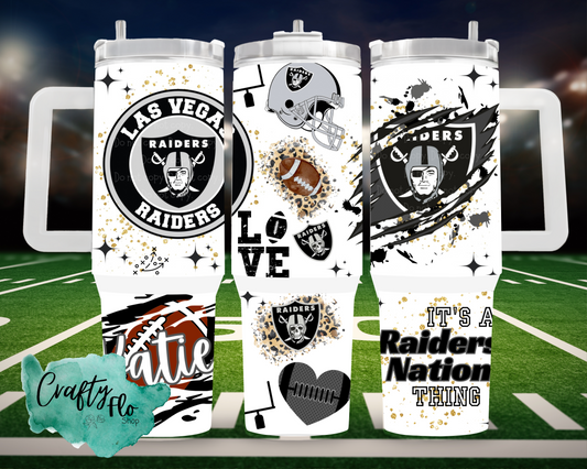 Personalizable Raiders football INSPIRED 40 oz quencher tumbler with lid and straw/ Add name at checkout
