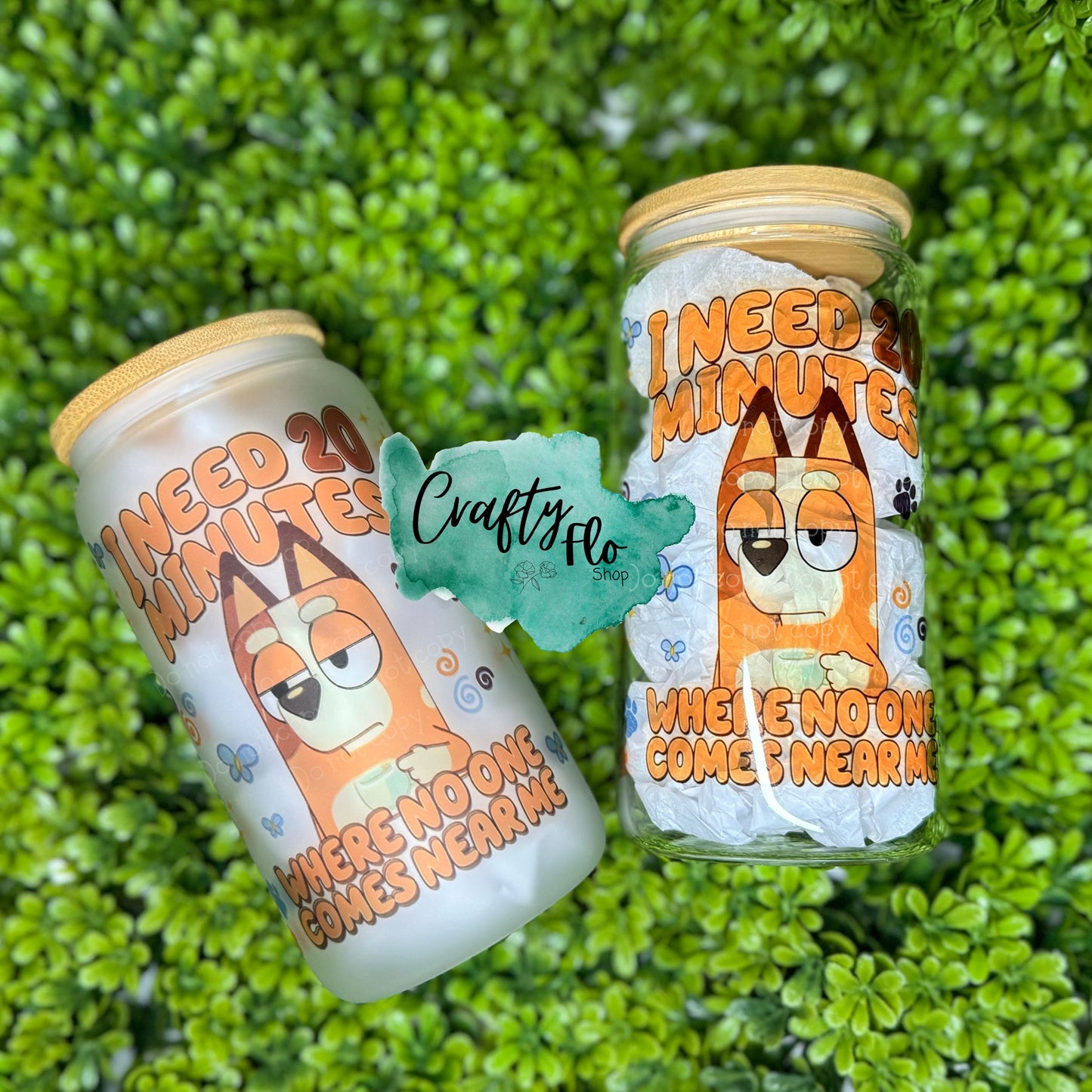 Mum needs 20 minutes 16oz glass can with straw | Blue dog Inspired Cup | Glass Tumbler | Cute Glass Cup | Tumbler with Lid and Straw