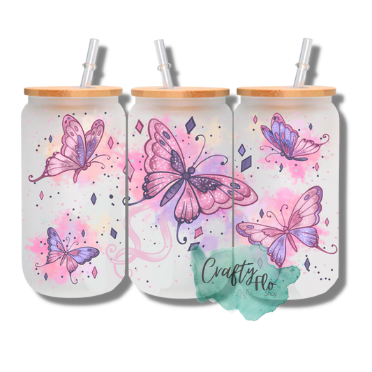 Magical butterfly inspired customizable 16oz glass can with bamboo lid and straw| mothers day, birthday gift| cute butterfly cup