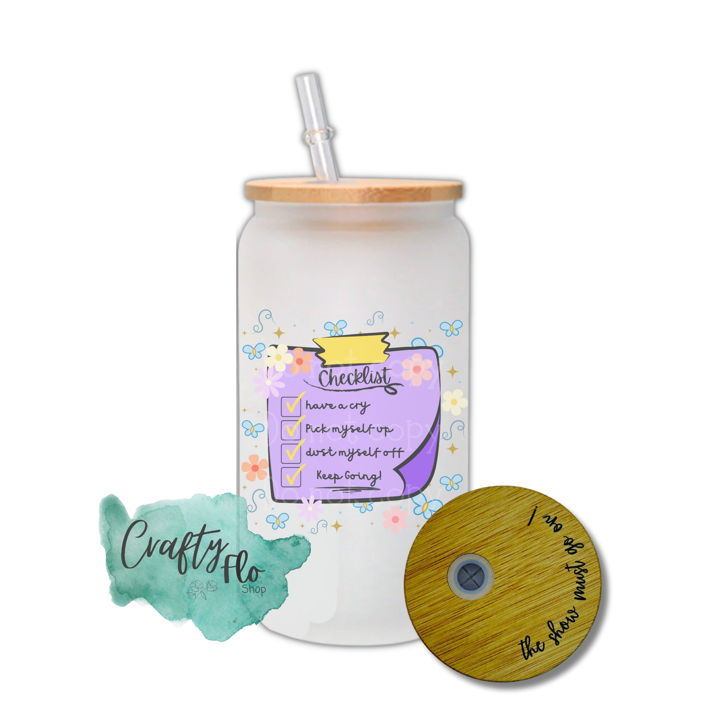 Mom Checklist 16oz glass can with straw | Blue dog Inspired Cup | Glass Tumbler | Cute Glass Cup | Tumbler with Lid and Straw