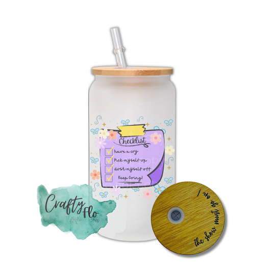 Mom Checklist 16oz glass can with straw | Blue dog Inspired Cup | Glass Tumbler | Cute Glass Cup | Tumbler with Lid and Straw