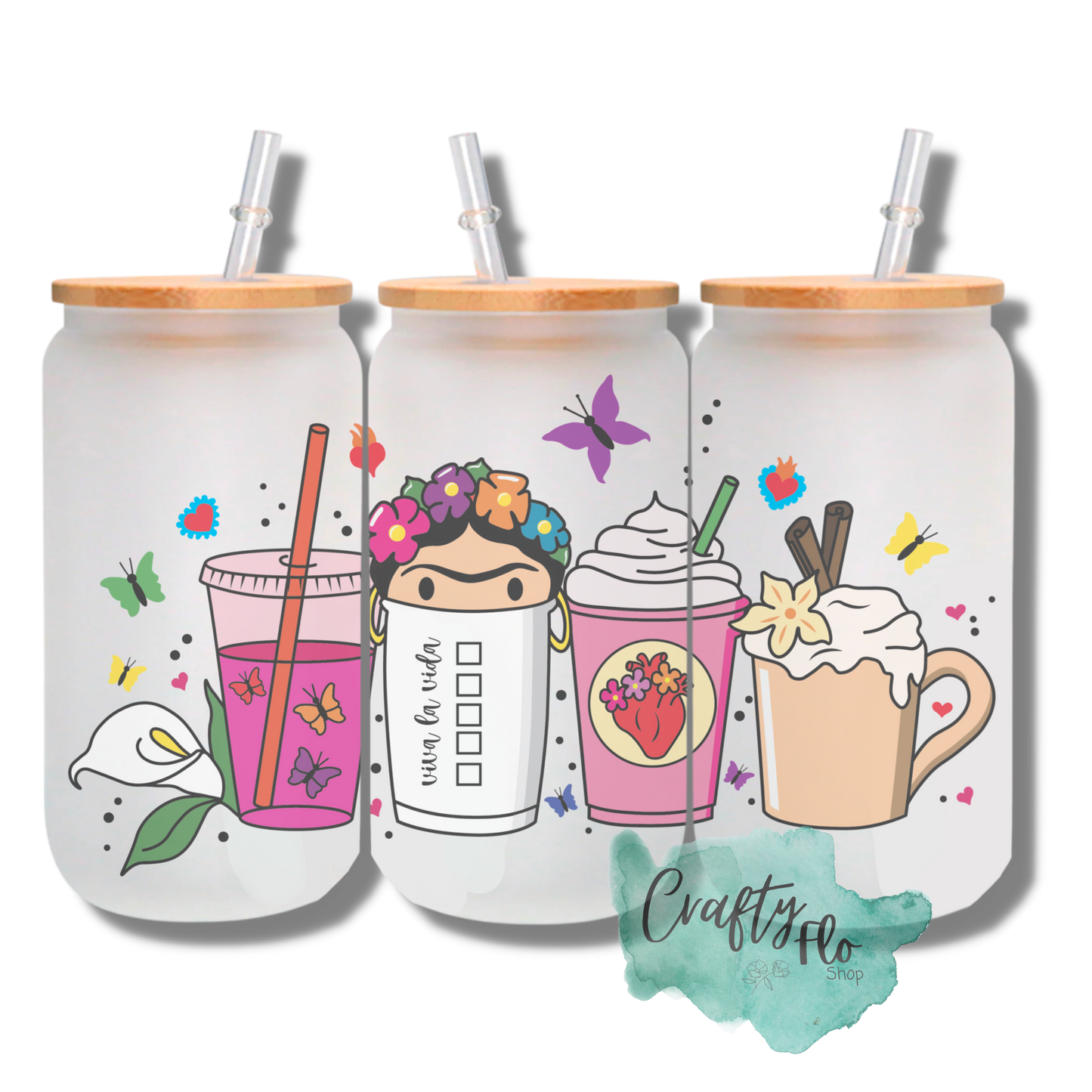 Viva la vida, chibi inspired dulce de leche 16oz frosted or clear glass can with bamboo lid and straw