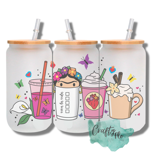 Viva la vida,  chibi inspired dulce de leche 16oz frosted or clear glass can with bamboo lid and straw