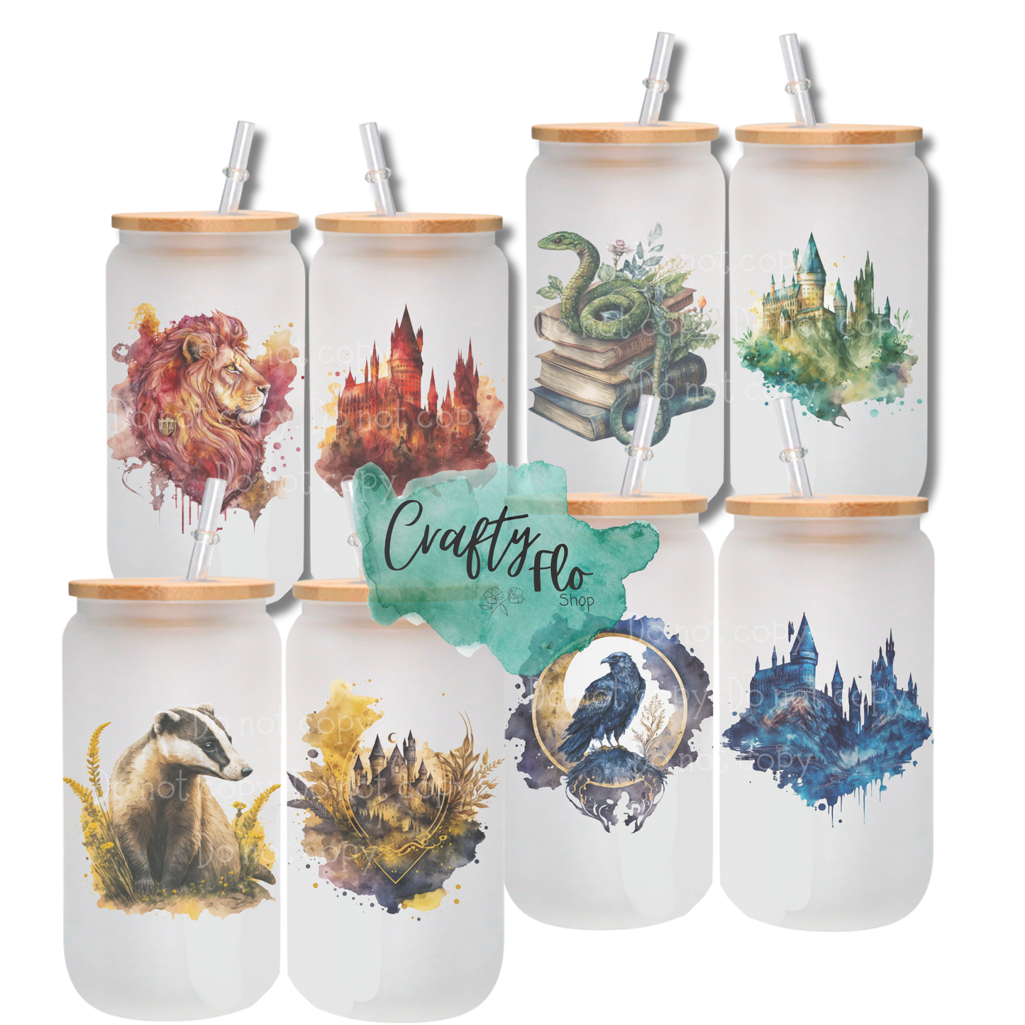 Legacy Wizarding School of Magic Houses 16oz Glass Cups with bamboo lid and straw
