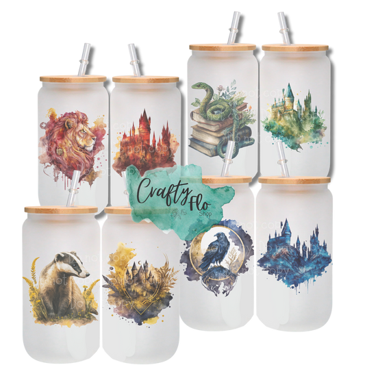 Legacy Wizarding School of Magic Houses 16oz Glass Cups with bamboo lid and straw