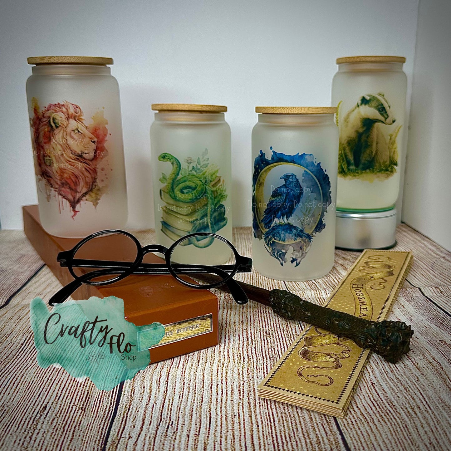 Legacy Wizarding School of Magic Houses 16oz Glass Cups with bamboo lid and straw