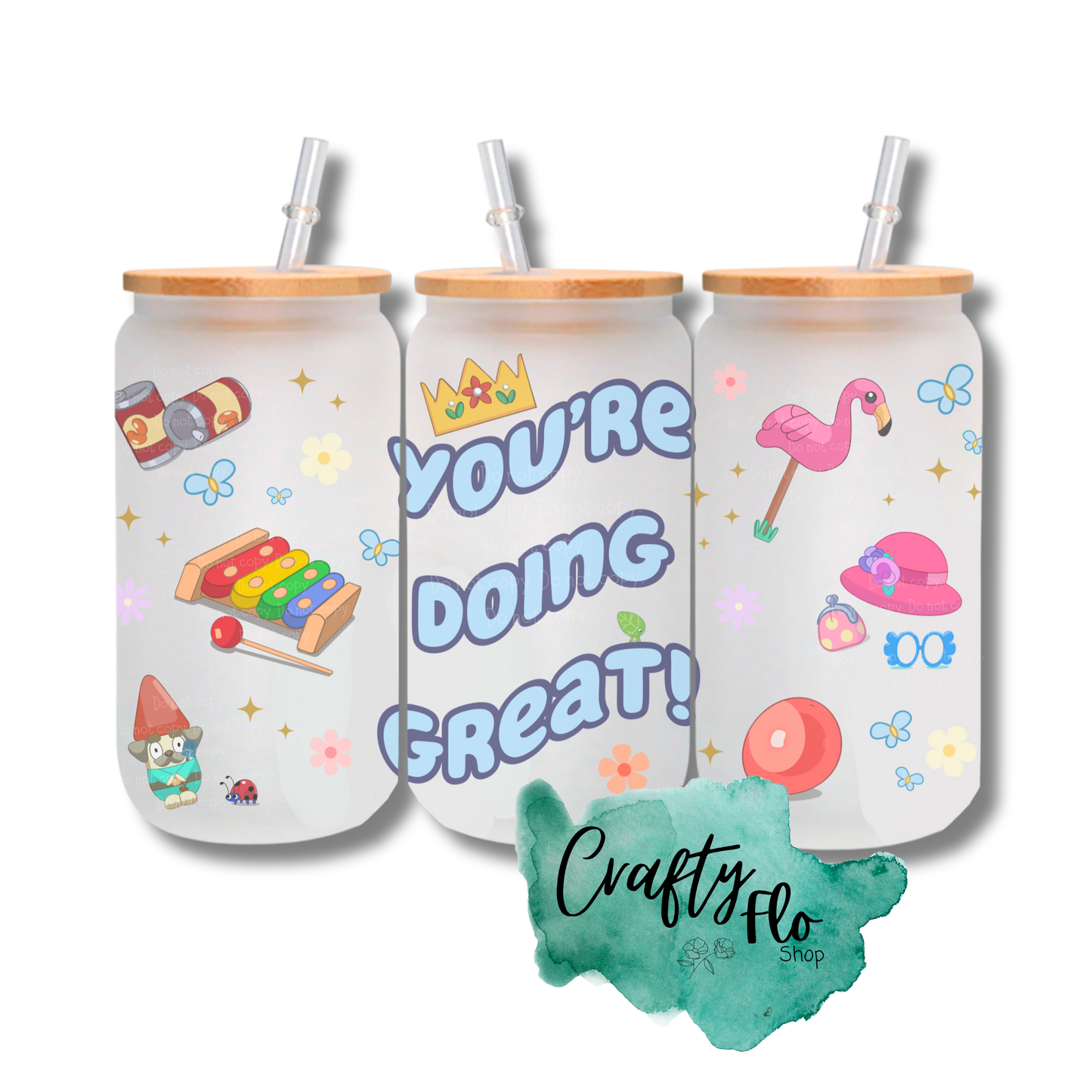 You're doing great! 16oz glass can with straw | Blue dog Inspired Cup | Glass Tumbler | Cute Glass Cup | Tumbler with Lid and Straw